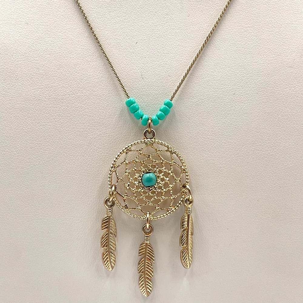 Vintage Chic Gold Tone Dreamcatcher Pendant Faux Turquoise Bead Accent Necklace